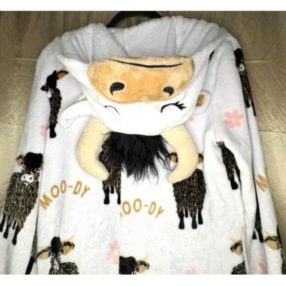 Cow Hooded Soft Fluffy Cozy Loungewear Pajamas White Black Pink Fleece Ears Horn - Picture 8 of 12